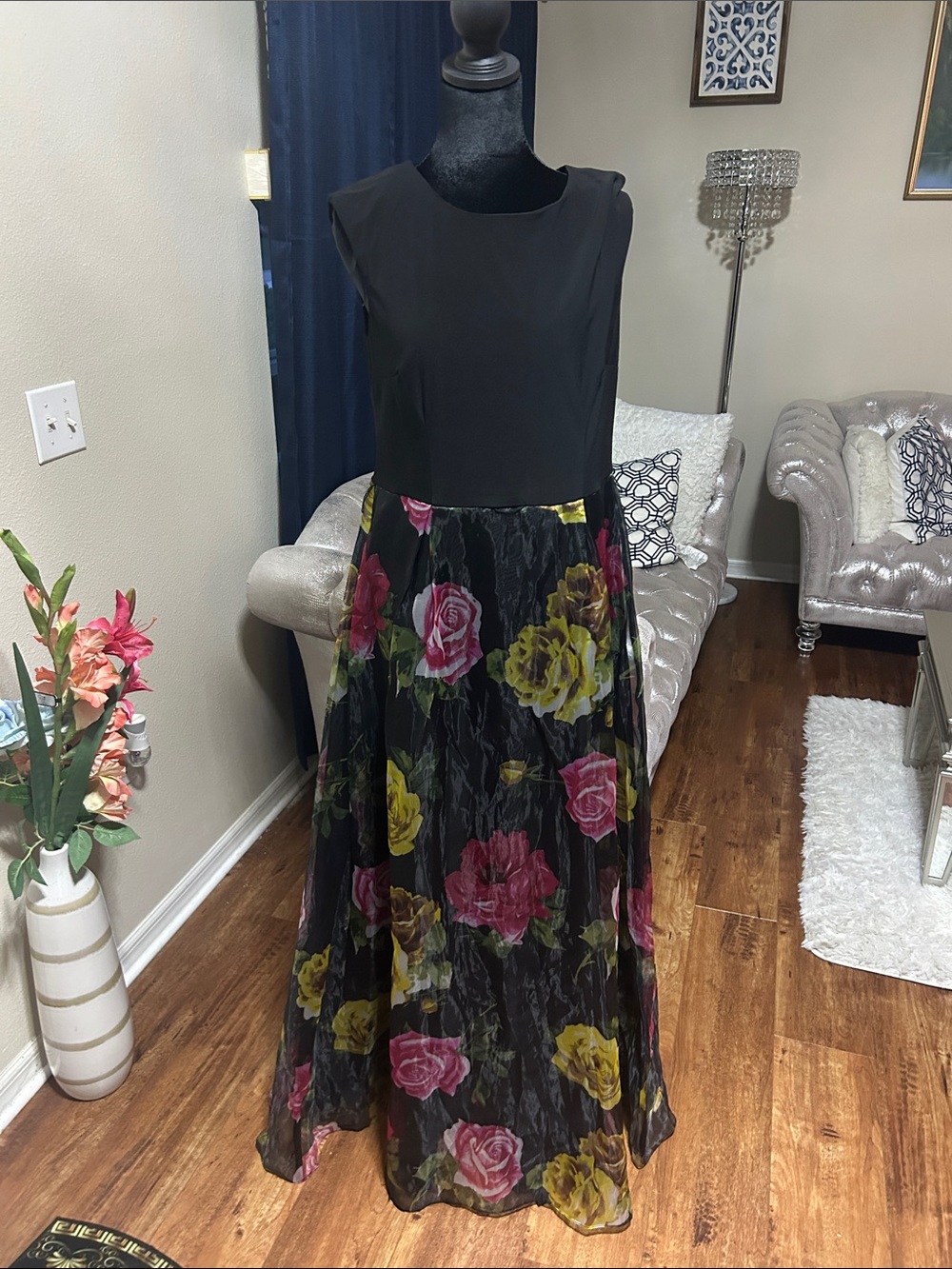 SL Fashions Black Maxi Dress with Pink & Yellow Floral Skirt